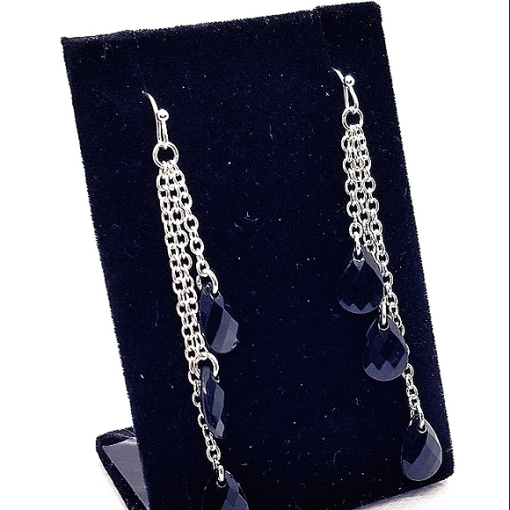 Earrings Dangling Silver Chains Faceted Multi Black Stones
